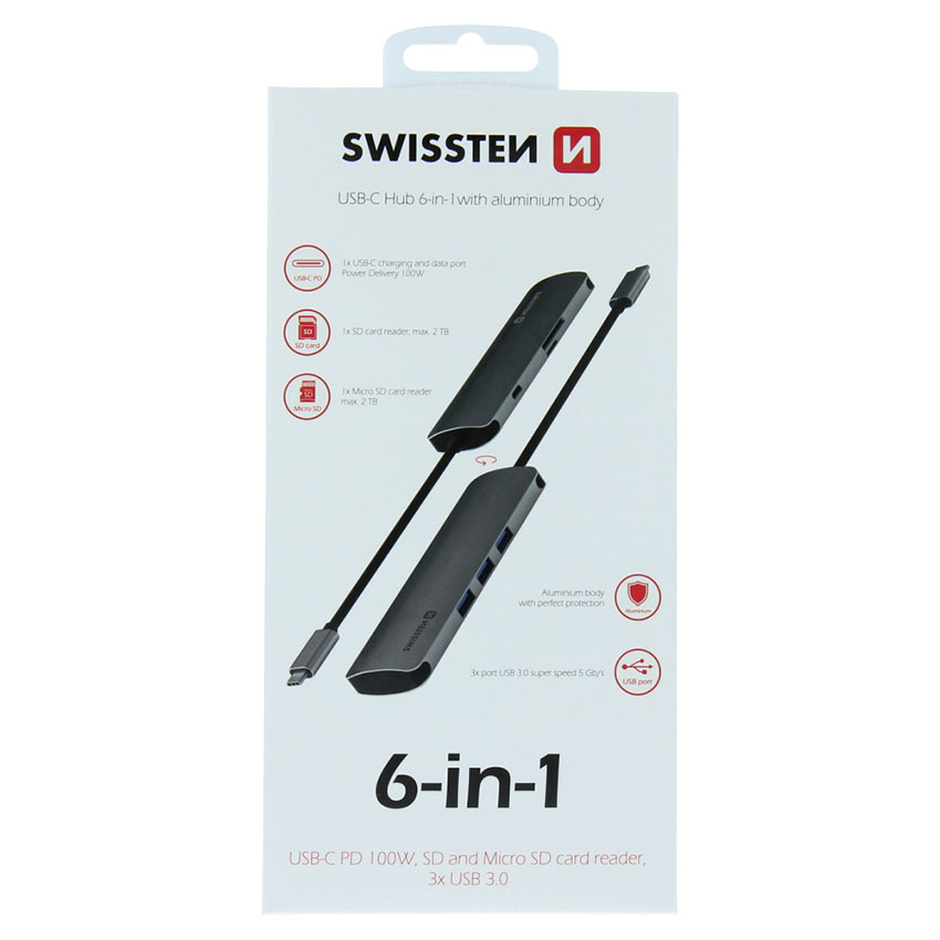USB-C hub 6-in-1 (1x USB-C, 3x USB-A 3.0, SD, micro SD)