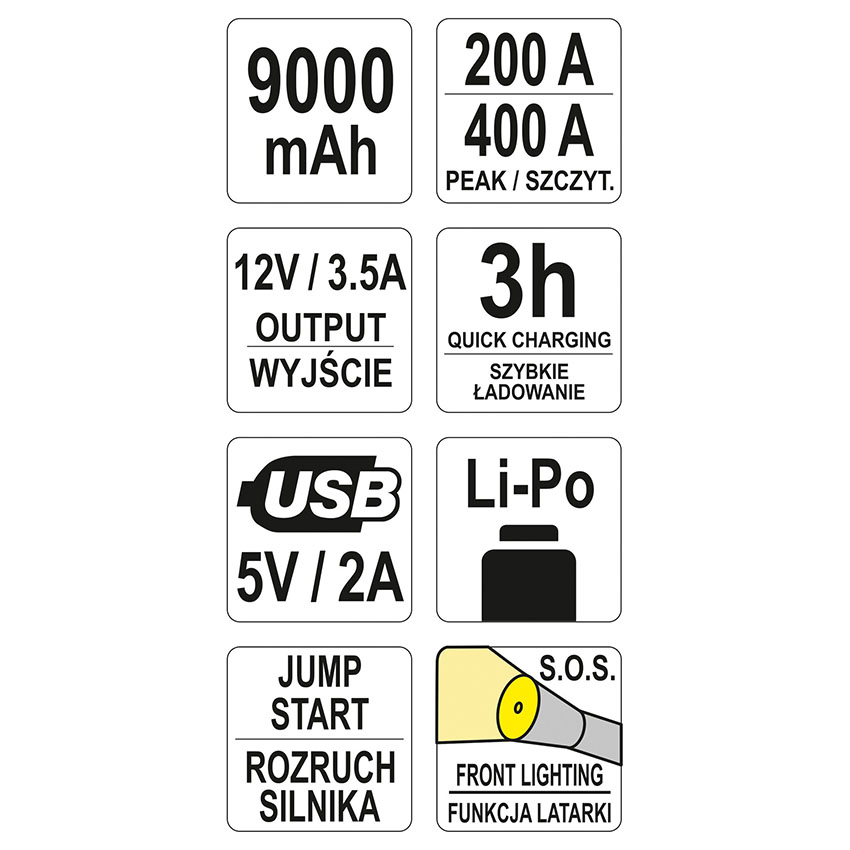 Εκκινητής αυτοκινήτου YATO Jump Starter & Powerbank 9000mAh
