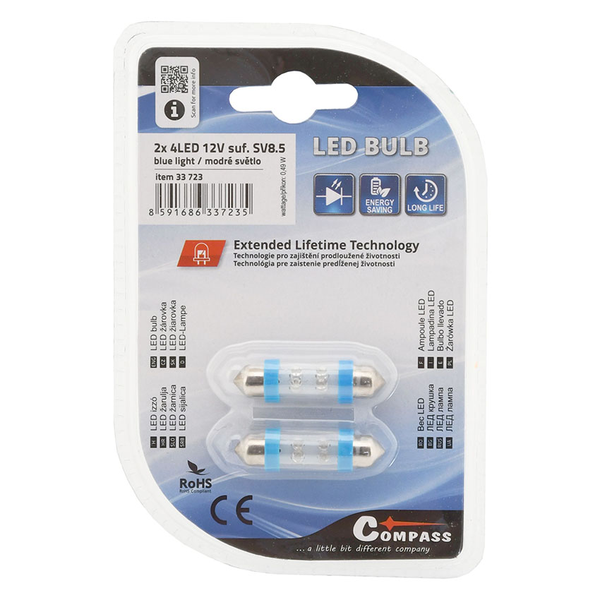 Λάμπα Compass LED μπλε φως 12V SV8.5 38mm 0.49W 2τμχ