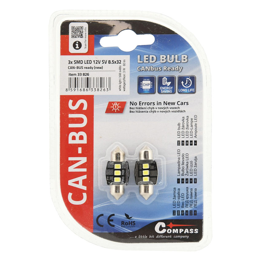 Λάμπα Compass LED λευκό φως Can Bus 12V 3W 11x32mm SV8.5 2τμχ