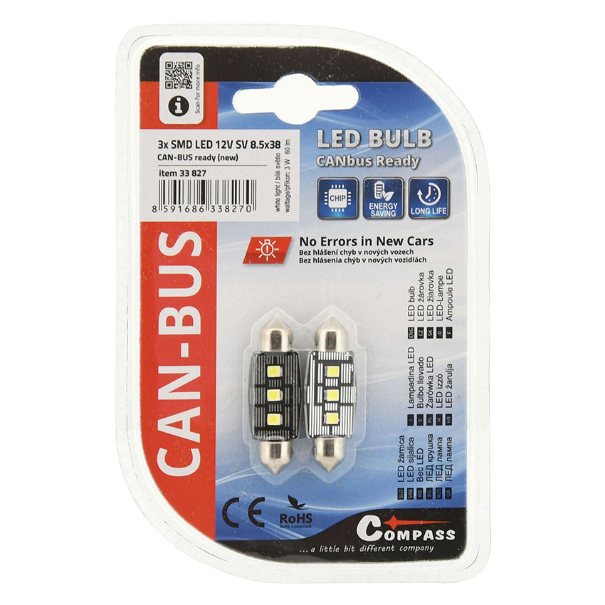 Λάμπα Compass LED λευκό φως Can Bus 12V 3W 11x38mm SV8.5 2τμχ (Copy)