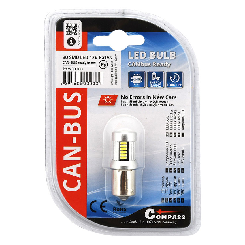 Λάμπα Compass 30 SMD LED λευκό φως Can Bus 12V Ba15s 5W (1τμχ)