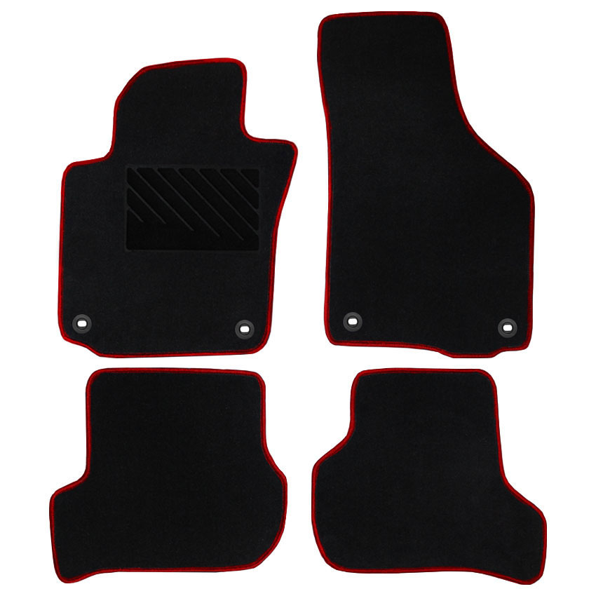 Μοκέτα Clan μαύρη με κόκκινο ρέλι για VW Golf (V/VI) / Golf Plus / Jetta / EOS / Scirocco με οβάλ κουμπώματα 4τμχ