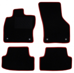 Πατάκια δαπέδου μοκέτας Tuft μαύρη με κόκκινο ρέλι για Seat Leon III με στρογγυλά κουμπώματα 4τμχ