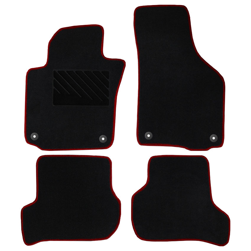 Μοκέτα Tuft μαύρη με κόκκινο ρέλι για VW Golf (V/VΙ) / Golf Plus / Jetta / Eos / Scirocco με στρογγυλά κουμπώματα 4τμχ