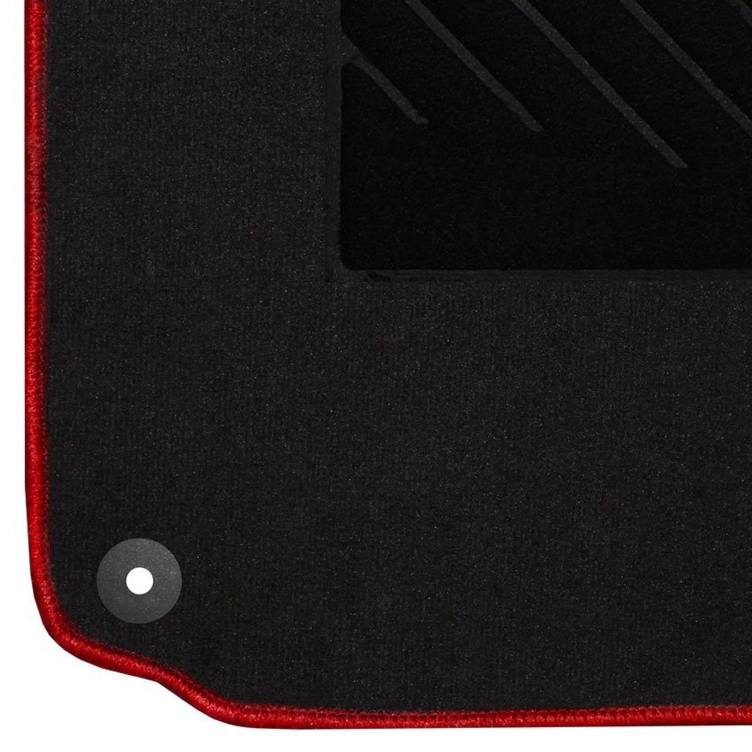 Μοκέτα Tuft μαύρη με κόκκινο ρέλι για VW Golf (V/VΙ) / Golf Plus / Jetta / Eos / Scirocco με στρογγυλά κουμπώματα 4τμχ