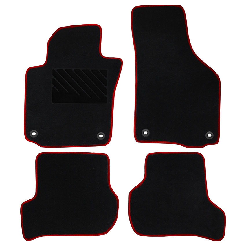 Μοκέτα Tuft μαύρη με κόκκινο ρέλι για VW Golf (V/VΙ) / Golf Plus / Jetta / Eos / Scirocco με οβάλ κουμπώματα 4τμχ